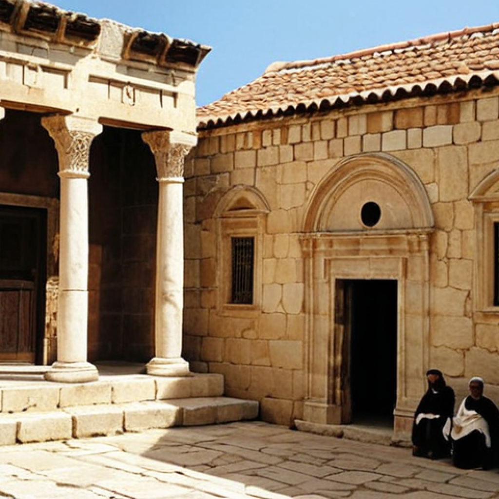Ancient Cypriot Synagogue: Capture the essence of an ancient synagogue in Cyprus during the Hellenistic or Roman period. Depict Jewish settlers engaged in daily activities, perhaps studying Torah or trading goods in a bustling marketplace nearby. The architecture should reflect the era, with possible Greek or Roman influences blended with Jewish symbols. Use warm, earthy tones to convey the historical setting.