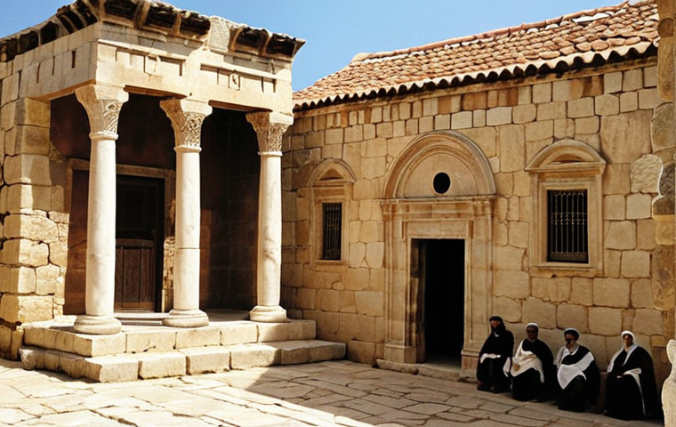 Ancient Cypriot Synagogue: Capture the essence of an ancient synagogue in Cyprus during the Hellenistic or Roman period. Depict Jewish settlers engaged in daily activities, perhaps studying Torah or trading goods in a bustling marketplace nearby. The architecture should reflect the era, with possible Greek or Roman influences blended with Jewish symbols. Use warm, earthy tones to convey the historical setting.