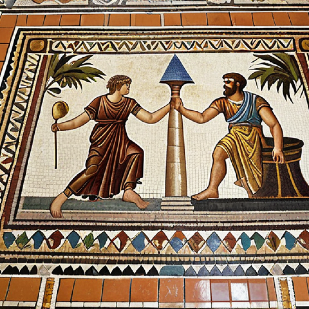 **Mosaic Masterpiece:** Create an image of a vibrant Roman mosaic floor in the House of Dionysos, depicting the myth of Pyramos and Thisbe. Focus on capturing the intricate detail, vibrant colors, and emotional intensity of the scene.