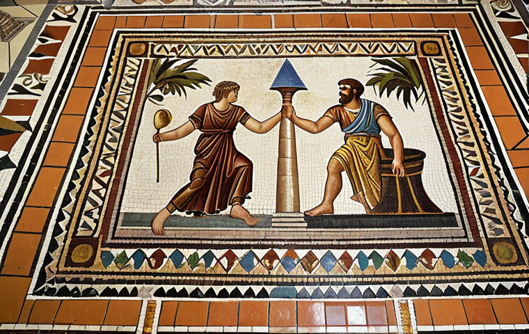 **Mosaic Masterpiece:** Create an image of a vibrant Roman mosaic floor in the House of Dionysos, depicting the myth of Pyramos and Thisbe. Focus on capturing the intricate detail, vibrant colors, and emotional intensity of the scene.