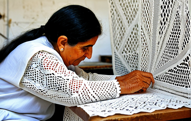 Lefkara Lace Artisan**

"A skilled Cypriot artisan, fully clothed in modest traditional clothing, meticulously crafting Lefkara lace in a sunlit workshop in Lefkara village, Cyprus. The intricate geometric patterns of the lace are clearly visible. Safe for work, appropriate content, perfect anatomy (hands), natural proportions, professional photography, family-friendly, high resolution."

**