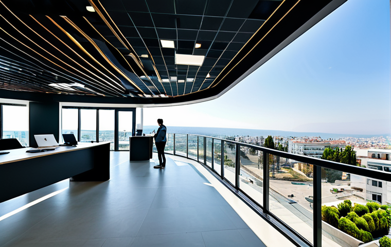 키프로스의 경제 성장 전망 - Image Prompt 1: The Digital Island's Vibrant Tech Hub**