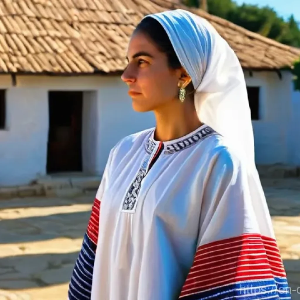 키프로스의 전통 의상 - **A Cypriot Woman in a "Sayia" (Karpasia Style)**
    A dignified young Cypriot woman, mid-shot, sta...