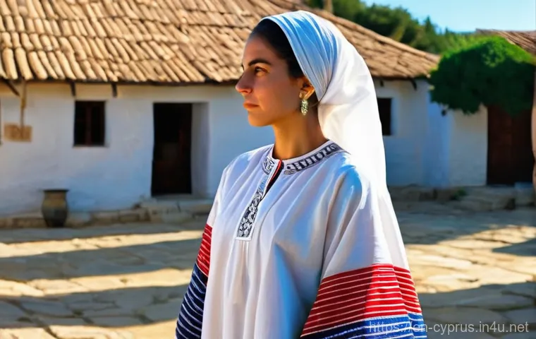 키프로스의 전통 의상 - **A Cypriot Woman in a "Sayia" (Karpasia Style)**
    A dignified young Cypriot woman, mid-shot, sta...