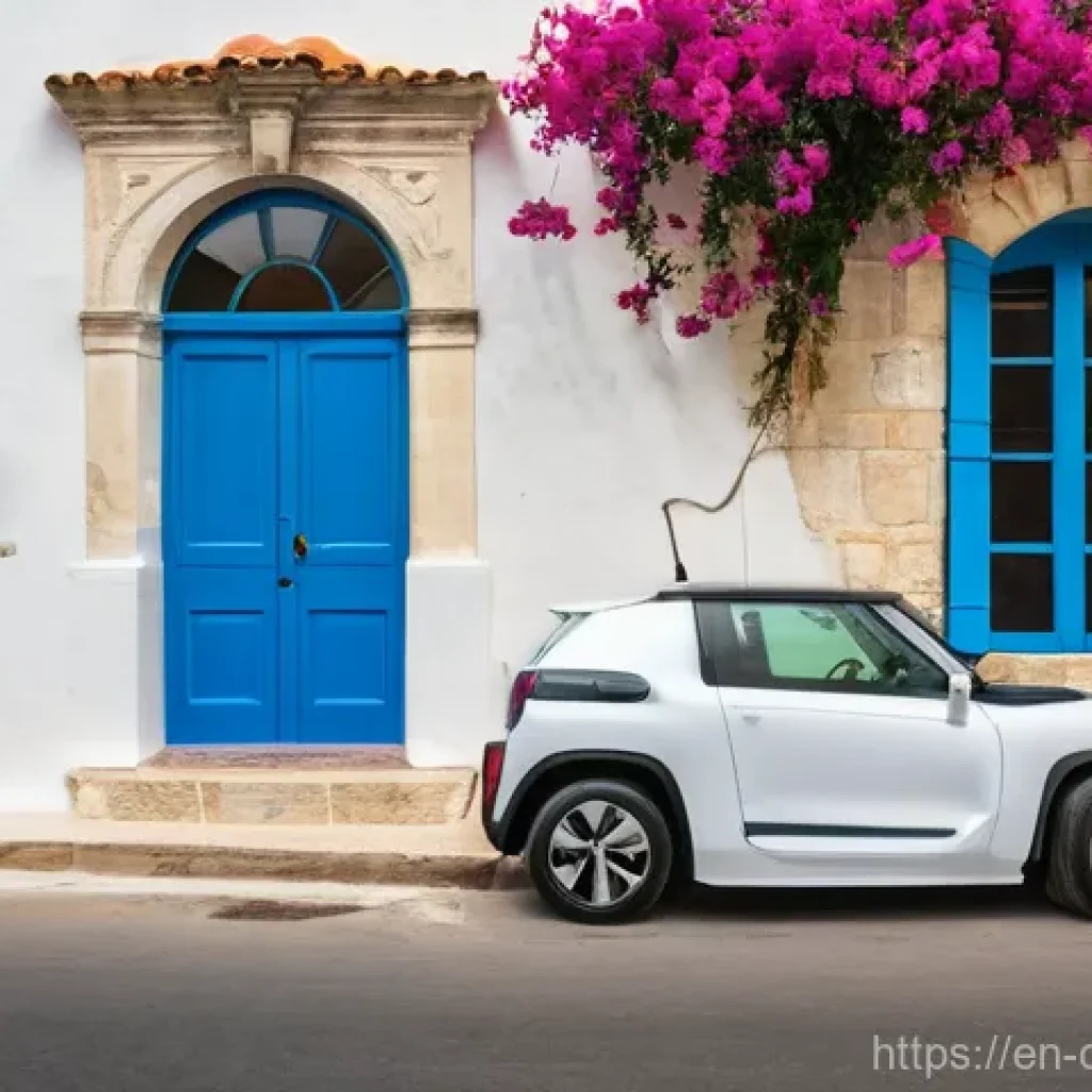키프로스의 전기차 충전 인프라 - **Prompt:** A serene, picturesque street scene in a charming Cypriot village, subtly showcasing mode...