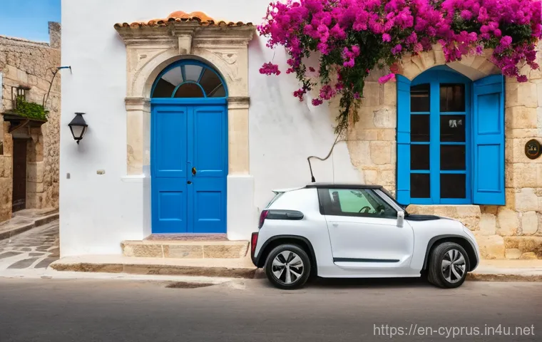 키프로스의 전기차 충전 인프라 - **Prompt:** A serene, picturesque street scene in a charming Cypriot village, subtly showcasing mode...