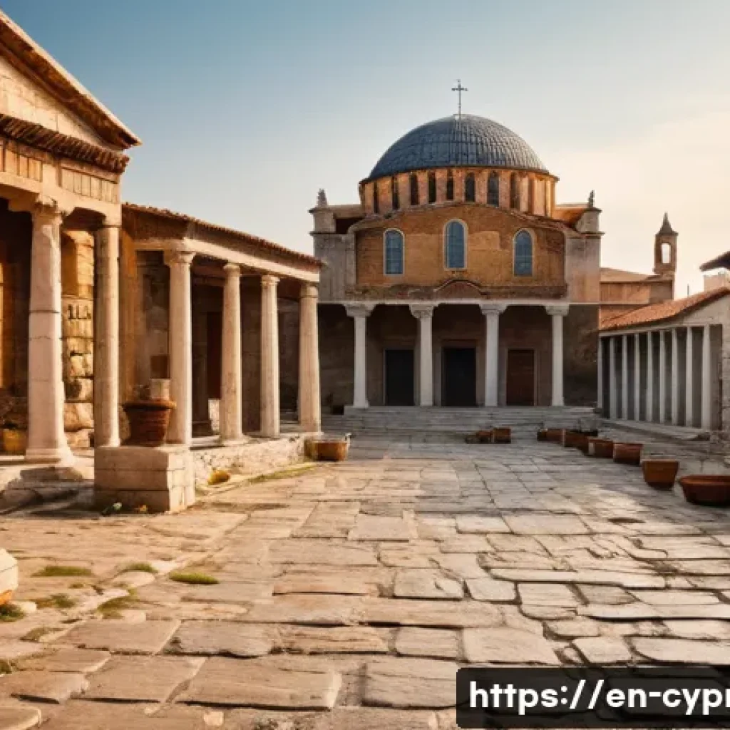 키프로스의 옛 도시들 - A detailed scene of the ancient town of Salamis showcasing its Roman grid street layout with wide, s...