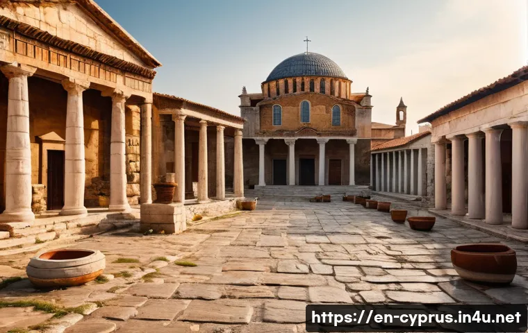 키프로스의 옛 도시들 - A detailed scene of the ancient town of Salamis showcasing its Roman grid street layout with wide, s...