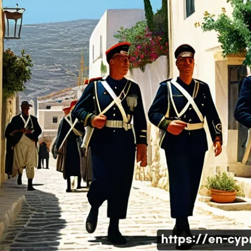 키프로스 독립운동의 역사 - A detailed historical scene depicting a 1950s Cypriot village under British colonial rule, featuring...