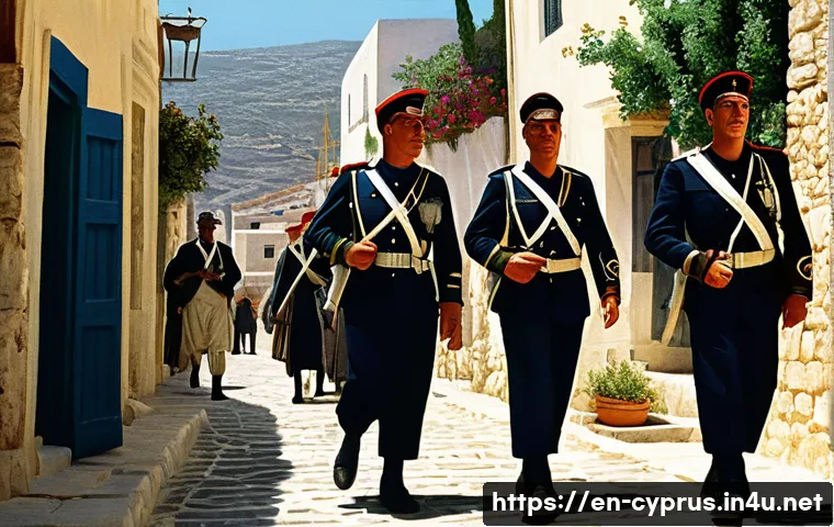 키프로스 독립운동의 역사 - A detailed historical scene depicting a 1950s Cypriot village under British colonial rule, featuring...