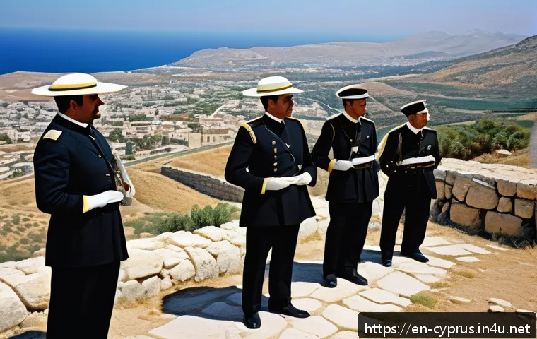 키프로스에서 발생한 주요 사건 - A detailed historical scene depicting British colonial administrators overseeing Cyprus in the late ...