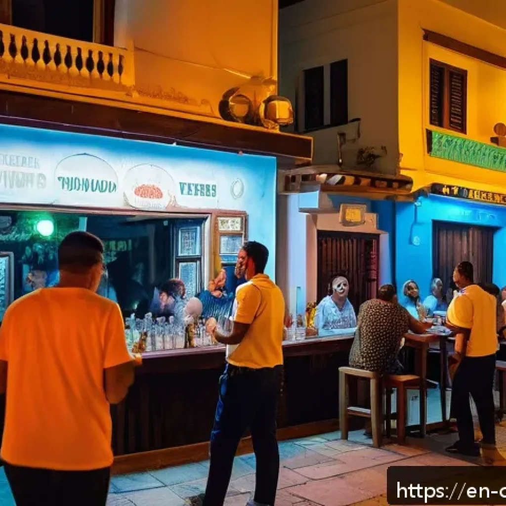 키프로스 범죄율과 안전 정보 - A vibrant evening street scene in Ayia Napa, Cyprus, showcasing a lively but safe nightlife atmosphe...