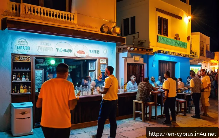 키프로스 범죄율과 안전 정보 - A vibrant evening street scene in Ayia Napa, Cyprus, showcasing a lively but safe nightlife atmosphe...